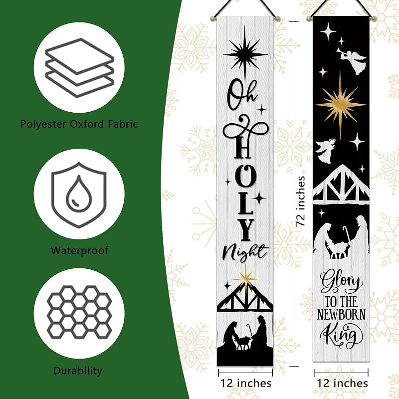 Holy Night Black Christmas Nativity Porch Banner Sign - 72 x 12 in, Water-Resistant Front Door Decor