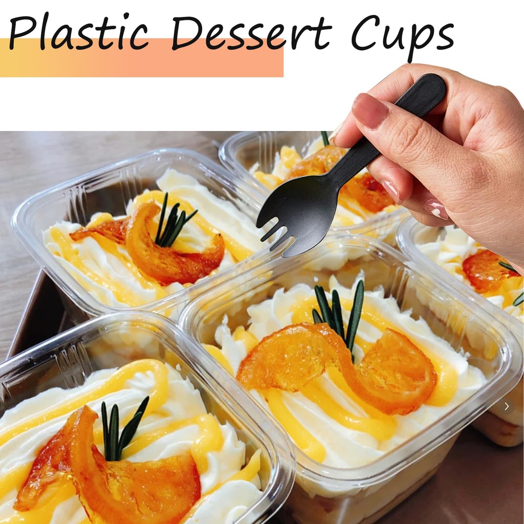 100 Pack 8OZ Plastic 50Pcs Square Dessert Cups with Lids and 50Pcs Spoons,Square Ice Cream Container with Forks, Disposable Parfait Cups for Mousse Cupcake Pudding Snacks Yogurt Parfait Fruits（50Sets）