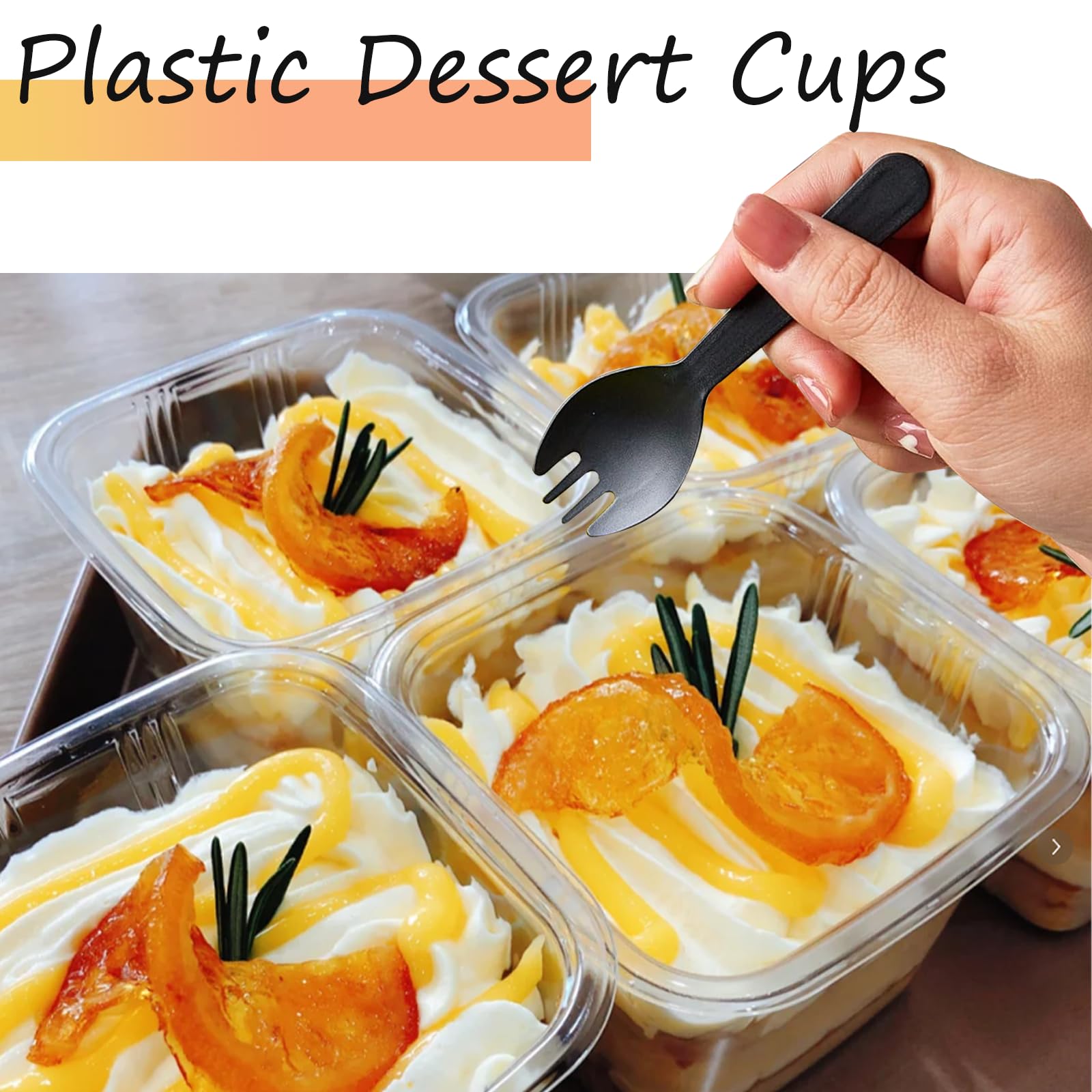 100 Pack 8OZ Plastic 50Pcs Square Dessert Cups with Lids and 50Pcs Spoons,Square Ice Cream Container with Forks, Disposable Parfait Cups for Mousse Cupcake Pudding Snacks Yogurt Parfait Fruits（50Sets）