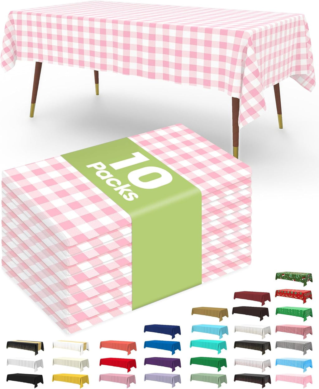 Pureegg Disposable Table Cloths - 10 Pack Gingham Design | 54 x 108 Inch Pink & White Checkered, Leakproof & Sturdy