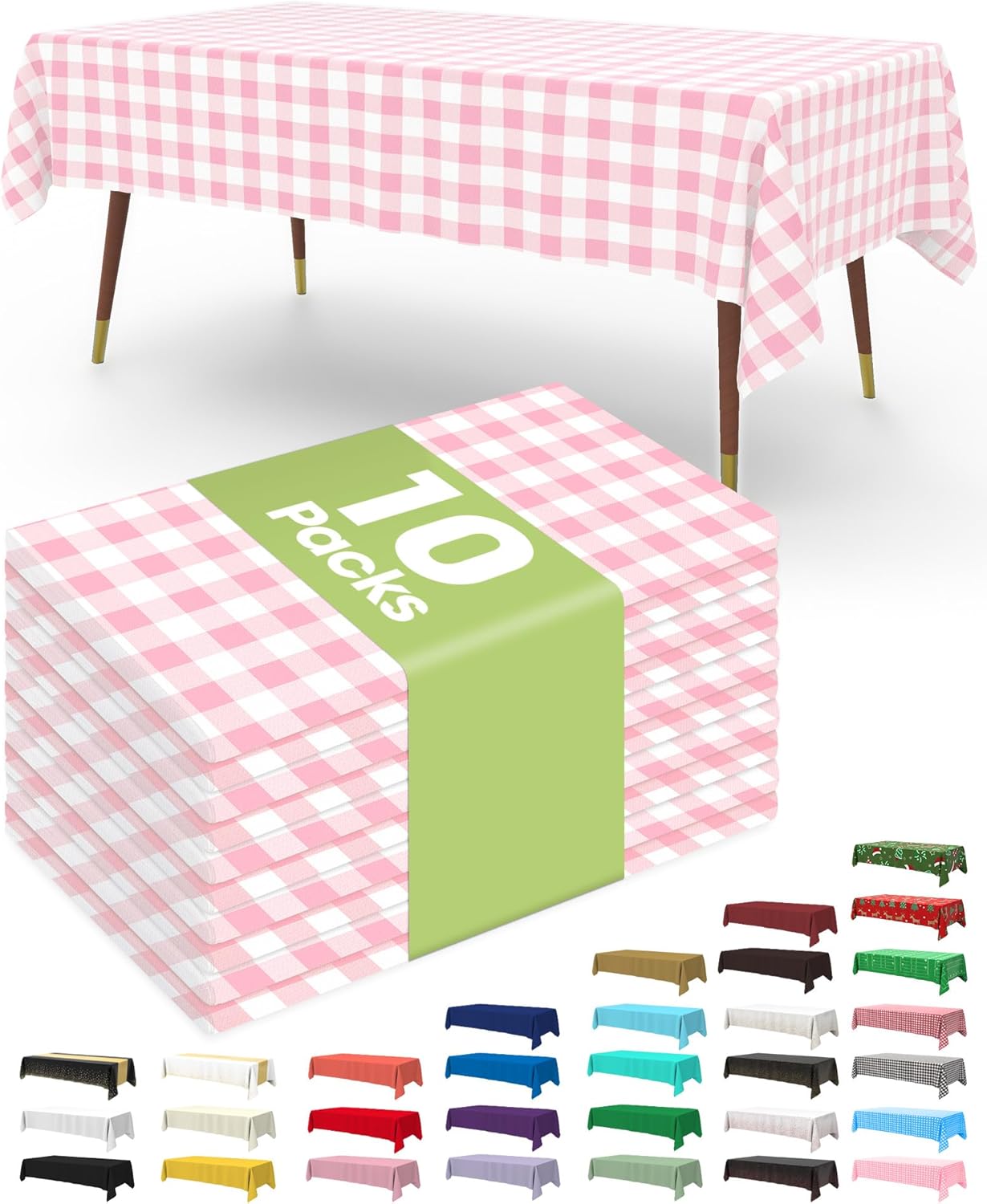 Pureegg Disposable Table Cloths - 10 Pack Gingham Design | 54 x 108 Inch Pink & White Checkered, Leakproof & Sturdy