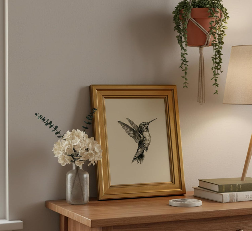 MDHFJEAW Vintage Gold Framed Hummingbird Wall Art - Retro Black & White Canvas Print, 9x11 In