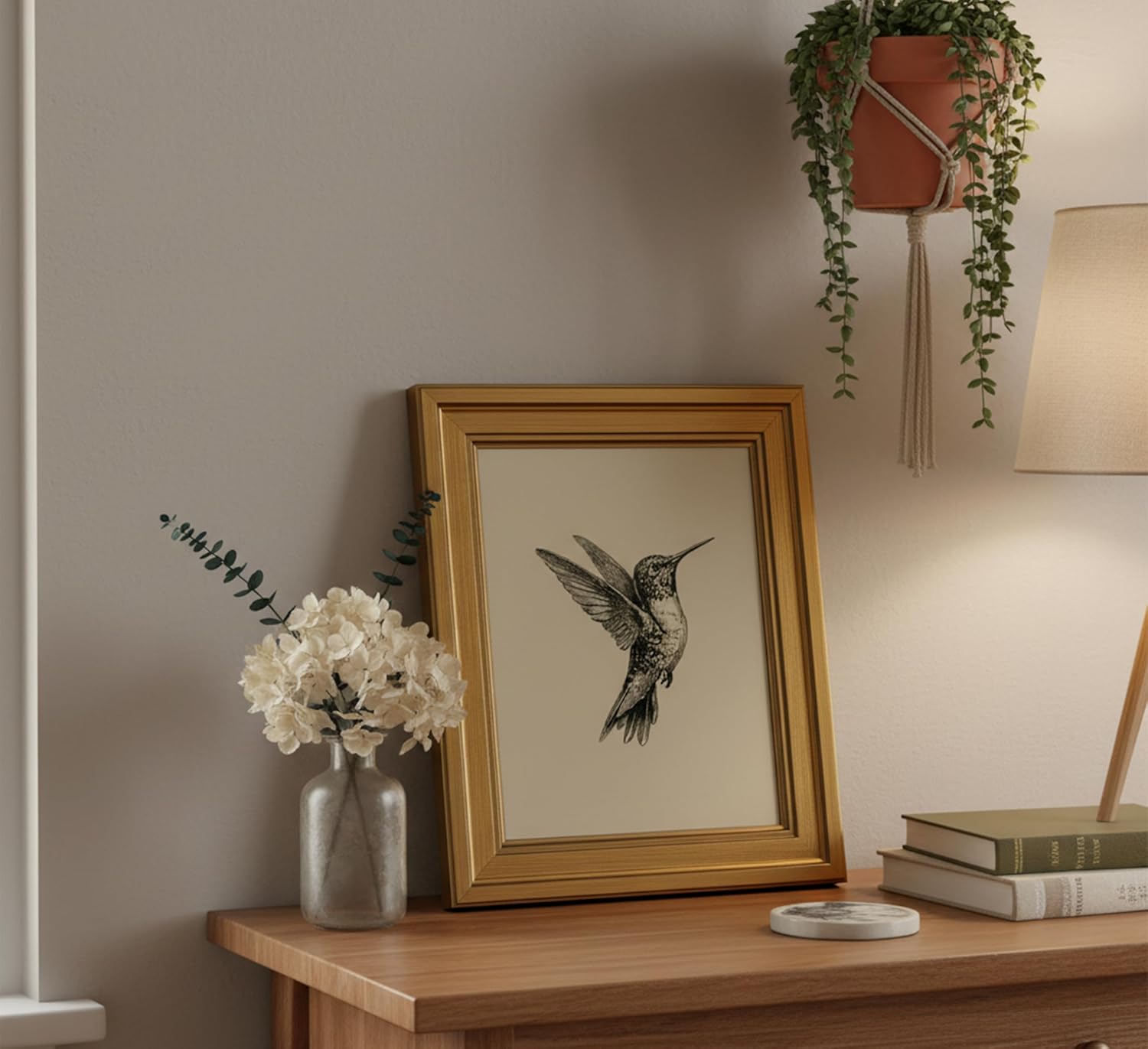 MDHFJEAW Vintage Gold Framed Hummingbird Wall Art - Retro Black & White Canvas Print, 9x11 In