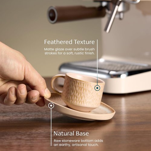 KooK Espresso Mug and Saucer Set - Rustic Ceramic Cups with Feathered Texture | Dishwasher Safe, 2.7 oz, Set of 4