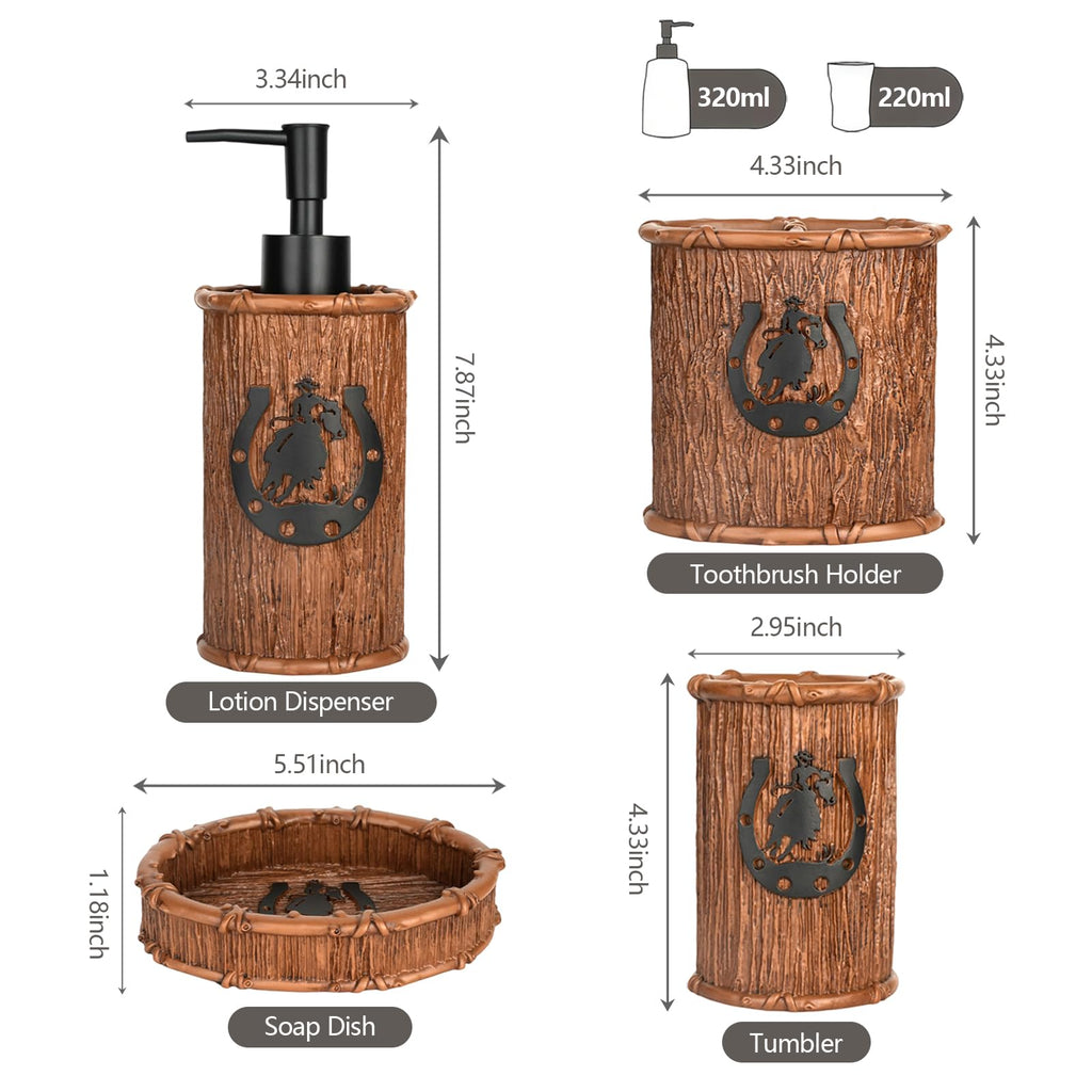 Bathroom Accessory Sets 4PCS Bathroom Accessories Set Complete Western Rustic Horseshoes Decoration Includes Lotion Dispenser Toothbrush Holder Tumbler Cup & Soal Dish