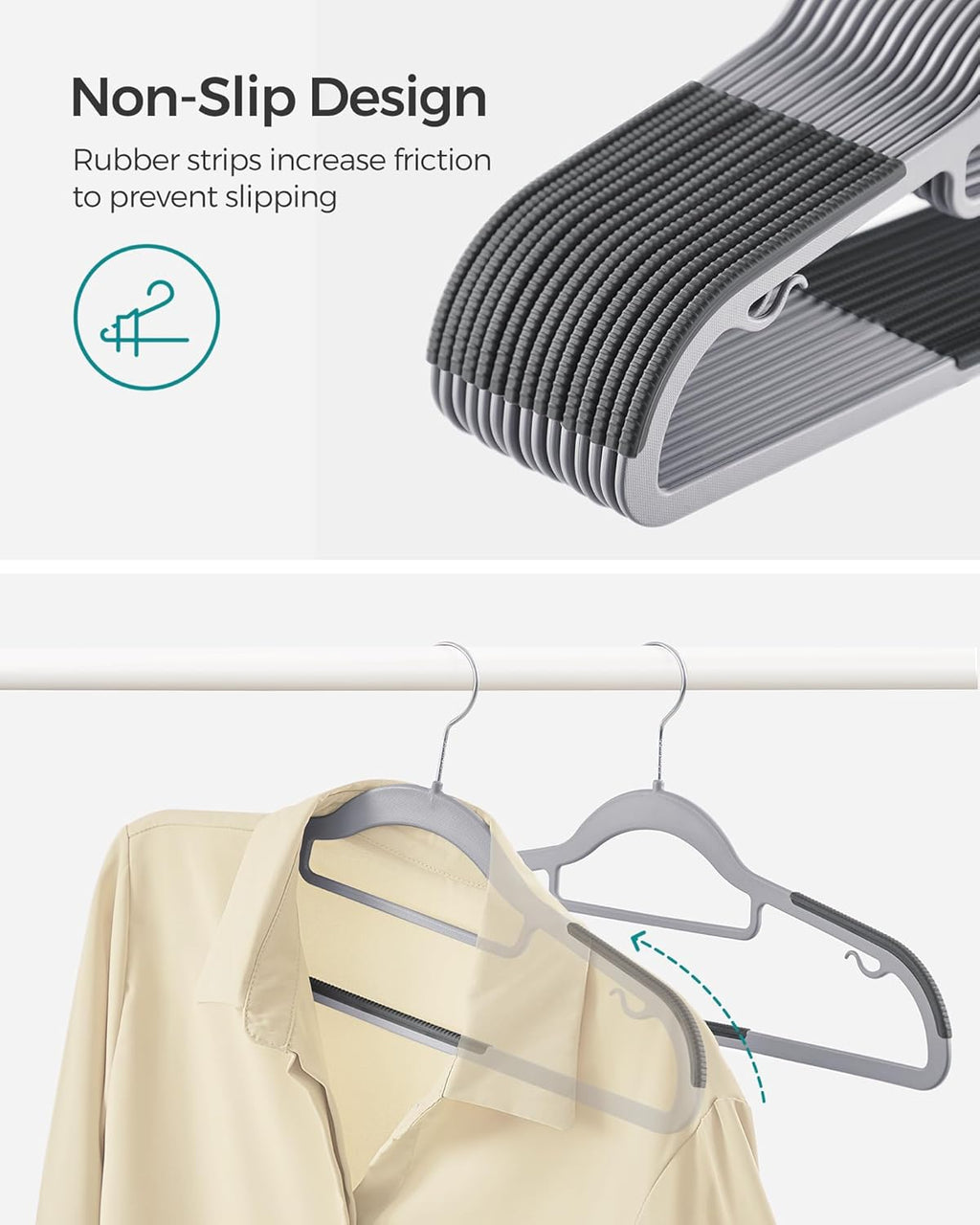 SONGMICS Space-Saving Plastic Coat Hangers - Non-Slip Design, 360° Swivel Hook | Light Gray & Dark Gray, 50-Pack