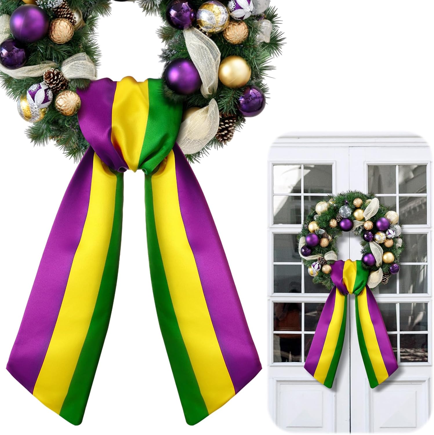 VitalCozy Mardi Gras Wreath Sash - Satin Embroidery Monogram Ribbon for Indoor/Outdoor Decor