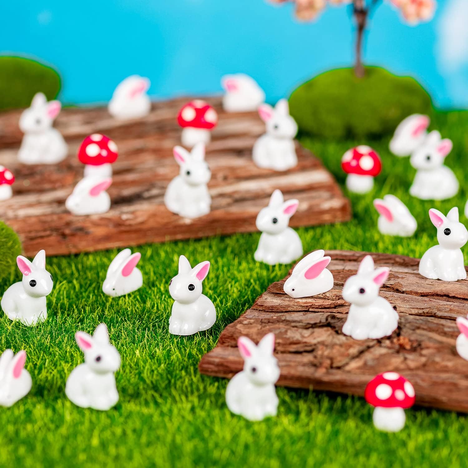 Skiennix Miniature Rabbit Figurines - 100Pcs Resin Bunny Animals for Garden Decor & Cake Toppers