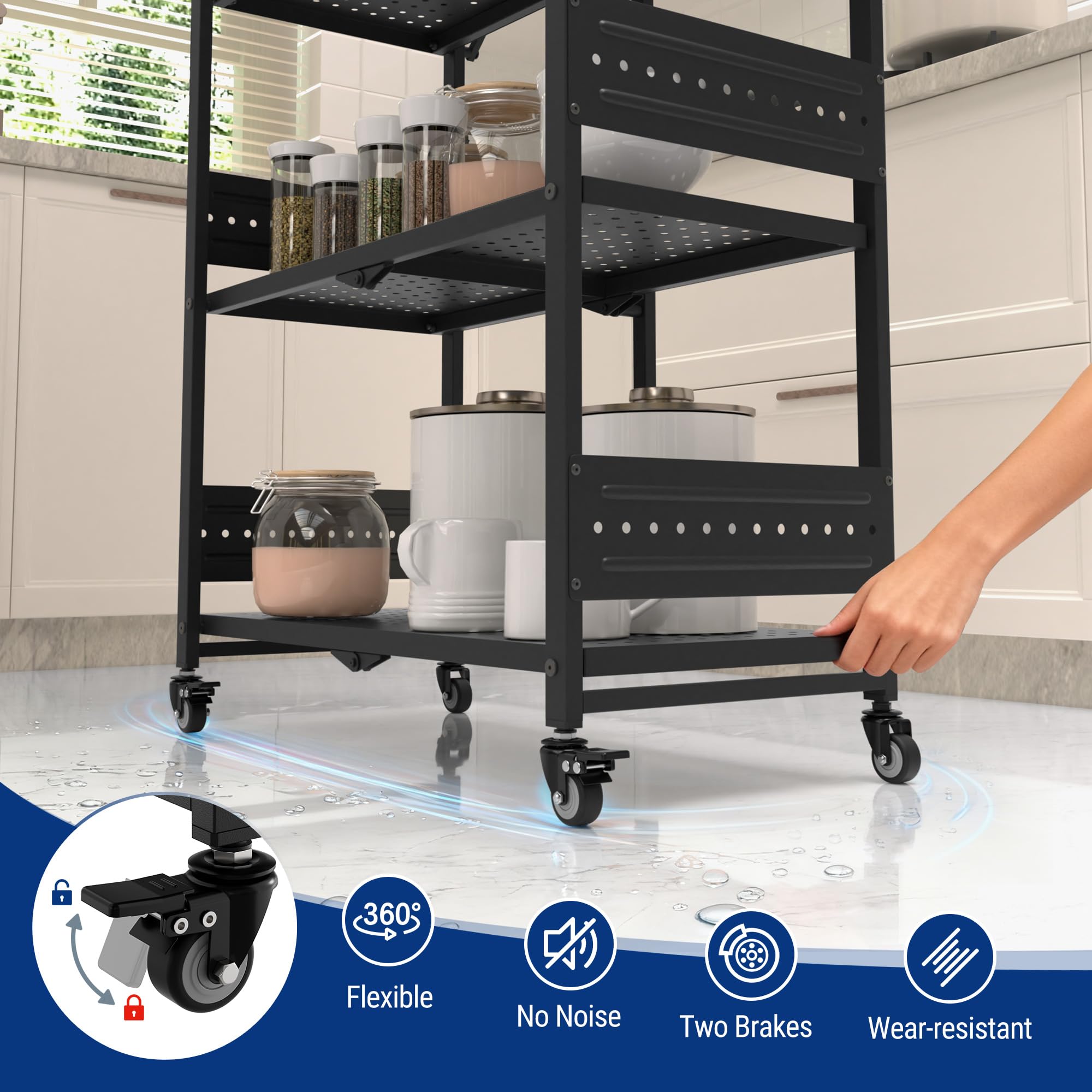 WORKPRO 5-Tier Folding Shelf, No-Assembly Metal Storage Rack with Wheels, 750 lbs Capacity (with Leveling Feet), Collapsible Shelving Unit for Kitchen, Pantry, Bathroom & Closet Organization