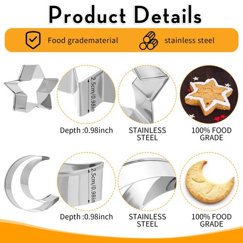 Star Cookie Cutters Set, Stainless Steel Star and Moon Cookie Cutter Shapes, Large Moon Star Shaped Biscuit Molds, Metal Cookie Cutters for Baking Pastry Fondant Ramadan Holiday (2pcs)