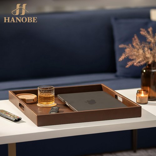 Hanobe Ottoman Serving Tray Large: 20'' Decorative Trays with Handles - Leather Coffee Table Decor for Extra Big Counter Home Living Room - Oversized