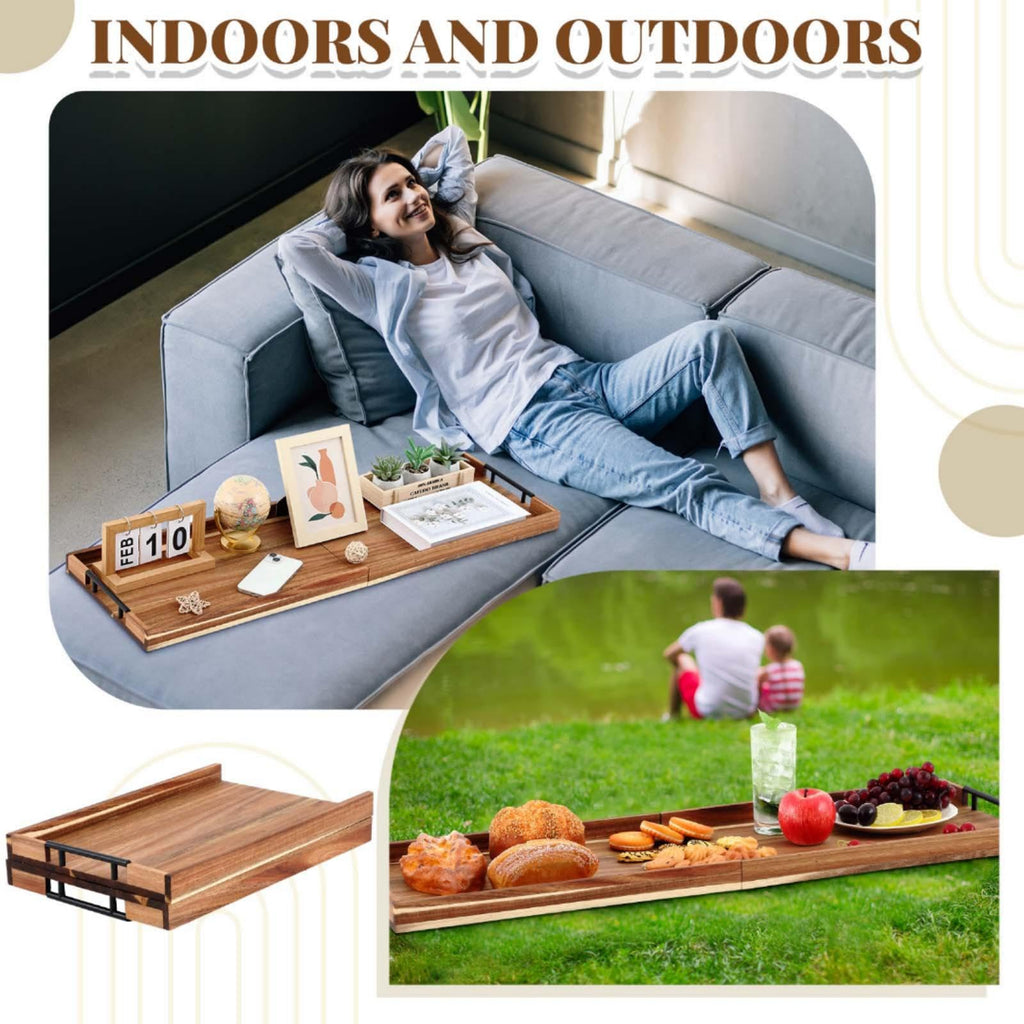 Teenyyou 36"x 12" Extra Large Ottoman Tray with Handle Acacia Wooden Charcuterie Board Serving Cheese Boards Tray Oversized Coffee Table Rectangle Supplies for Tea Kitchen Food Beverage Fruit Snack