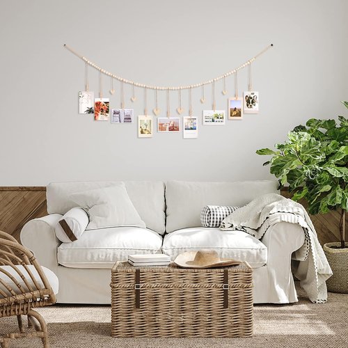 KLOGTSIND Hanging Photo Display - Boho Picture Frame Collage with 9 Wood Clips | Perfect for Office or Kids' Art Decor