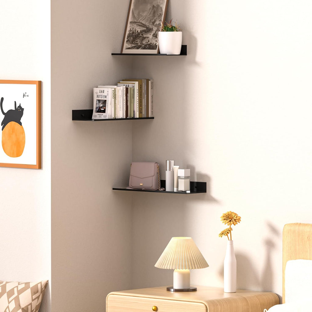 Wisfame Floating Wall Shelves - Set of 3 Black Metal Shelves for Bathroom, Living Room, Office | 11.8/13.8/15.7 in