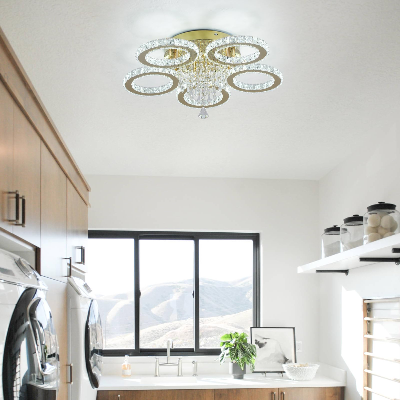 VETRULUS Modern Crystal LED Chandelier, 5-Ring Gold Flush Mount Ceiling Light Fixture for Bedroom, Dining Room, Living Room, Hallway – Dimmable