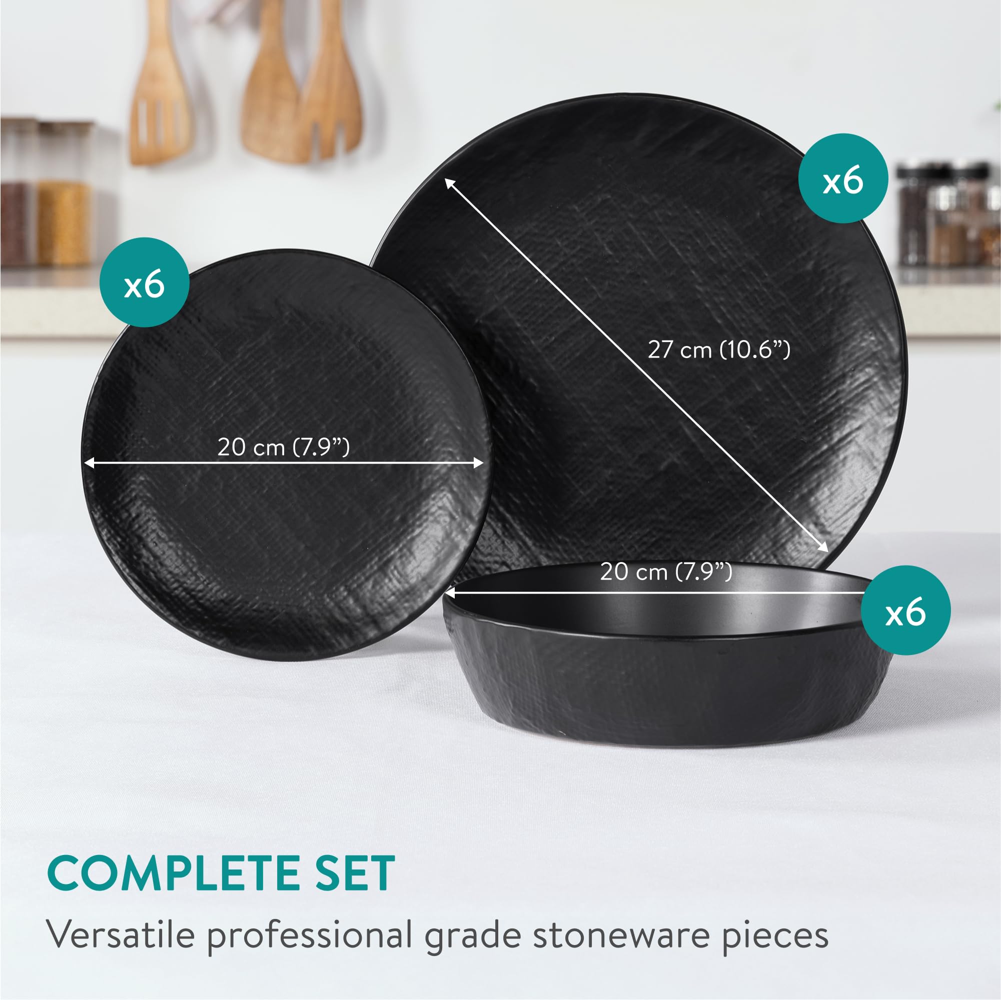 Navaris Linen Artisan Stoneware Dinnerware Set (18 Pieces) - Dishwasher & Microwave Safe Plates & Bowls for 6 with Dinner, Side Plates & Pasta Bowls - Charcoal Black