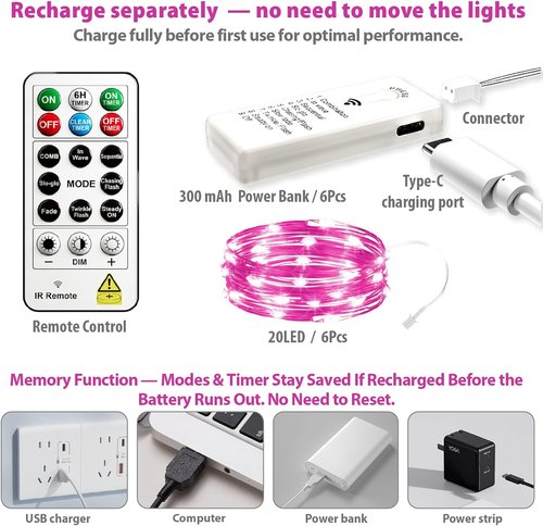 HXWEIYE 6 Pack Rechargeable Fairy Lights - 20 LED Twinkle String Lights with Remote & DIY Timer | 7ft Pink for Weddings & Parties