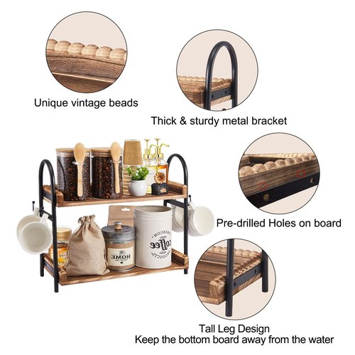 BDBDYEAY Coffee Bar Accessories, 2-Tier Coffee Bar Organizer with 4 Coffee Cup Holder Hooks, Mul-tifunctional Wooden Beaded Coffee Station Countertop Stand Shelf for Kitchen Home Office