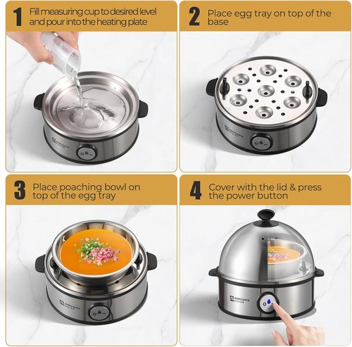 Annie & Mia Design Electric Egg Cooker - Stainless Steel 7 Egg Capacity, Multi-Function Poacher & Steamer