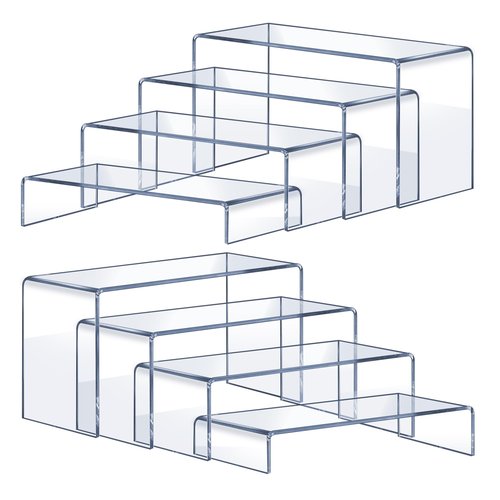 OVNTHYK Acrylic Risers 8 Pcs – Clear Rectangular Display for Perfume Organizer, Figures, Jewelry, Dessert Table & Cupcake, 4 Sizes (7", 8", 9")