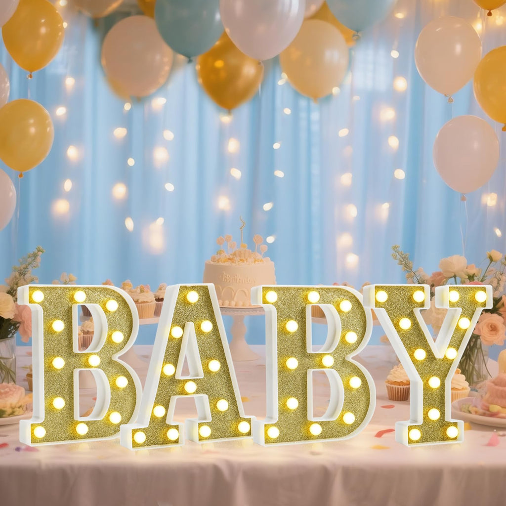 Pooqla BABY Marquee Light Up Letter Set, Gold Glitter Glowing Letters for Baby Shower Girl Boy Birthday Party Backdrop, LED Light Up Letter for Gender Reveal Home Bedroom Nursery Table Wall Decor