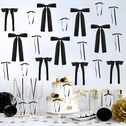 GZIXBDA 48Pcs Black Bow Wall Decor, Satin Ribbon Bow Birthday Decorations Photo Backdrop Party Decor for Birthday Baby Shower Bachelorette Wedding Party Room Bedroom