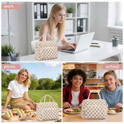 GASSDA Lunch Box for Women Insulated Lunch Bag Women Adult Cute Lunch Bags Reusable Lunchbox Cooler Tote Bag for Work Picnic (Beige-Brown Plaid)