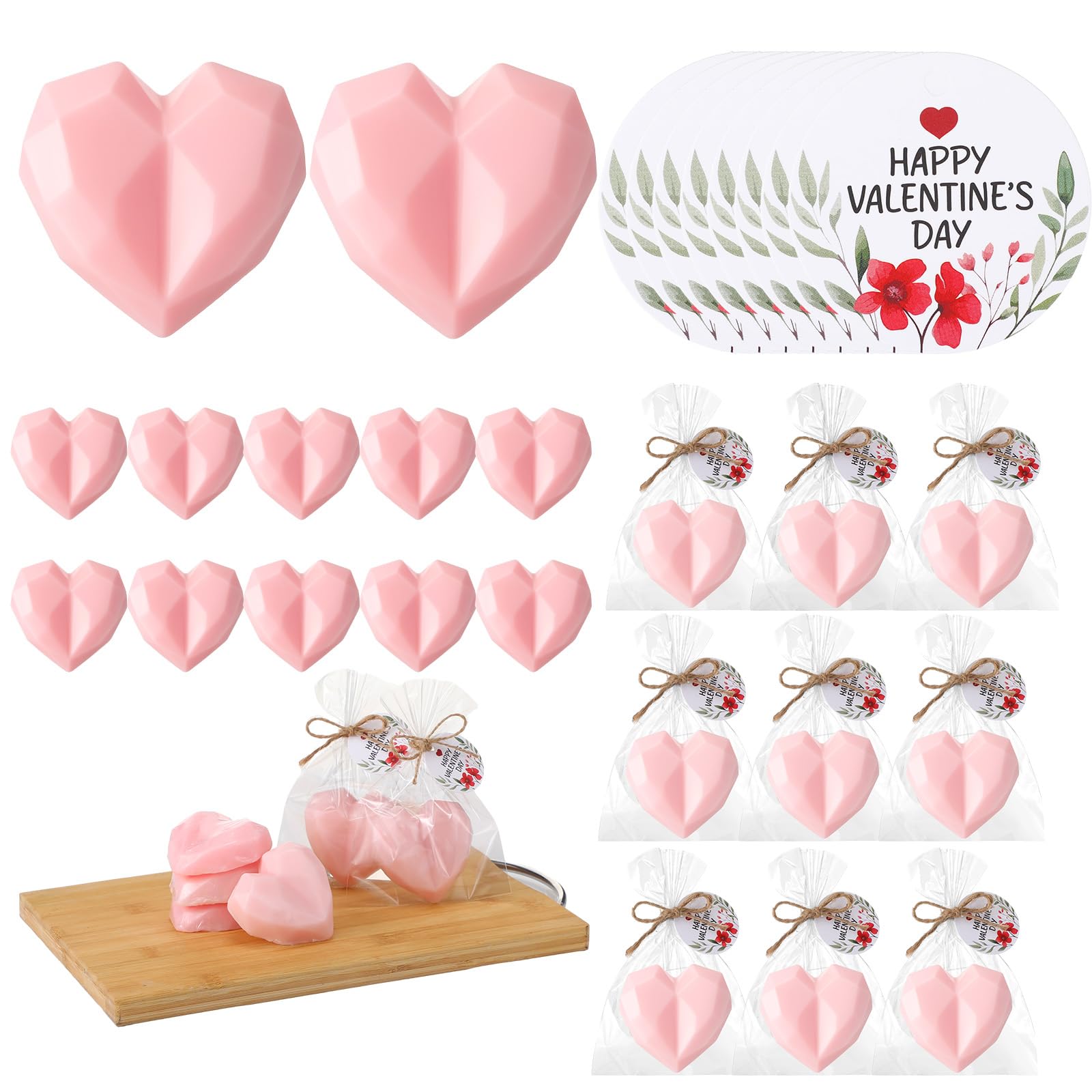 Loopeer 20 Set Pink Heart Shaped Soap Gift for Guests Valentine's Day Soap with Happy Valentine's Day Tags Transparent Bags Wedding Bridal Shower Baby Shower Return Gift for Guest Birthday Party Favor