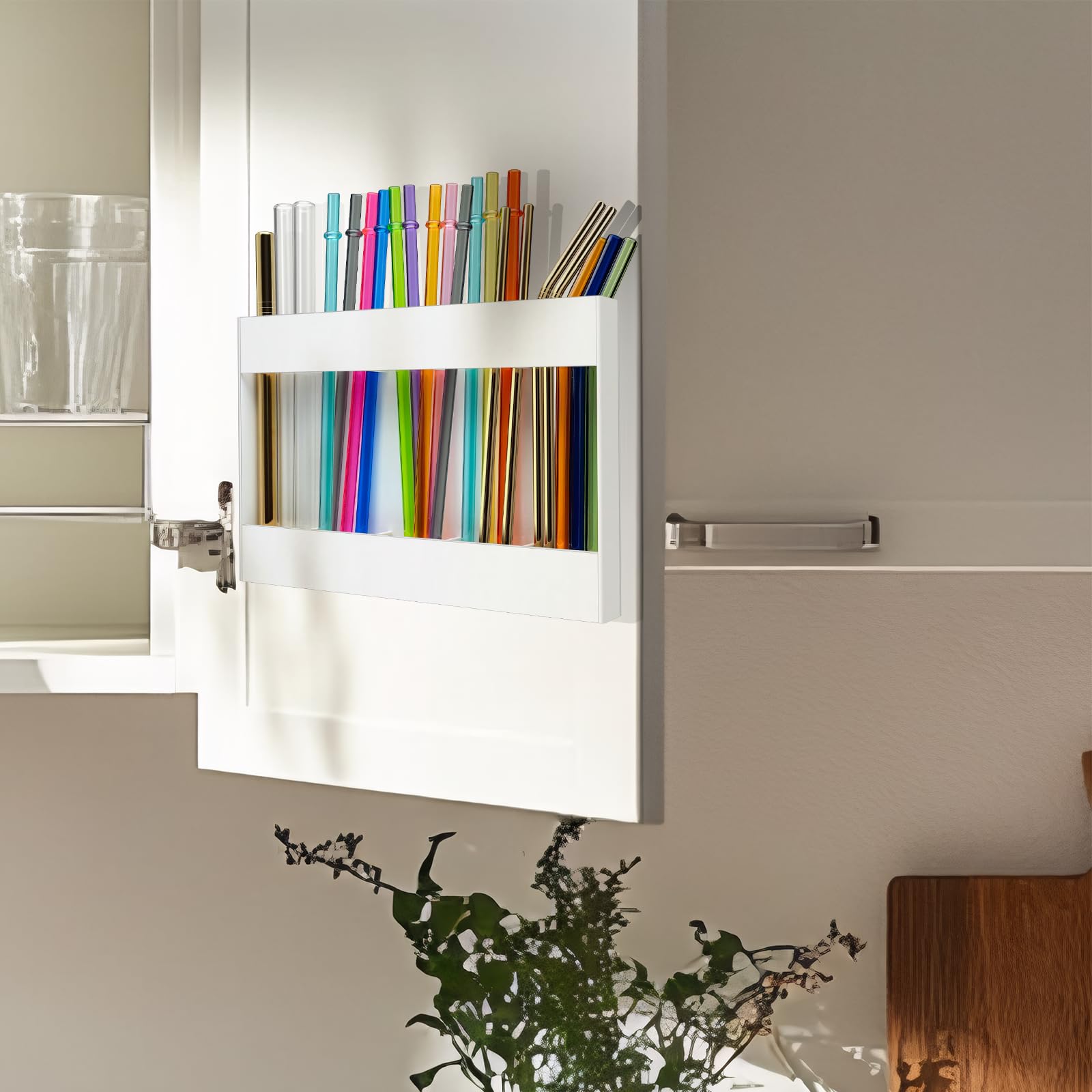 Acrylic Straw Holder for Cabinet Door with Double Sided Adhesive Tape, Tall Drinking Straws Dispensers, Reusable Straw Organizer Kitchen Storage Accessories for Cupboard, Counter (White)