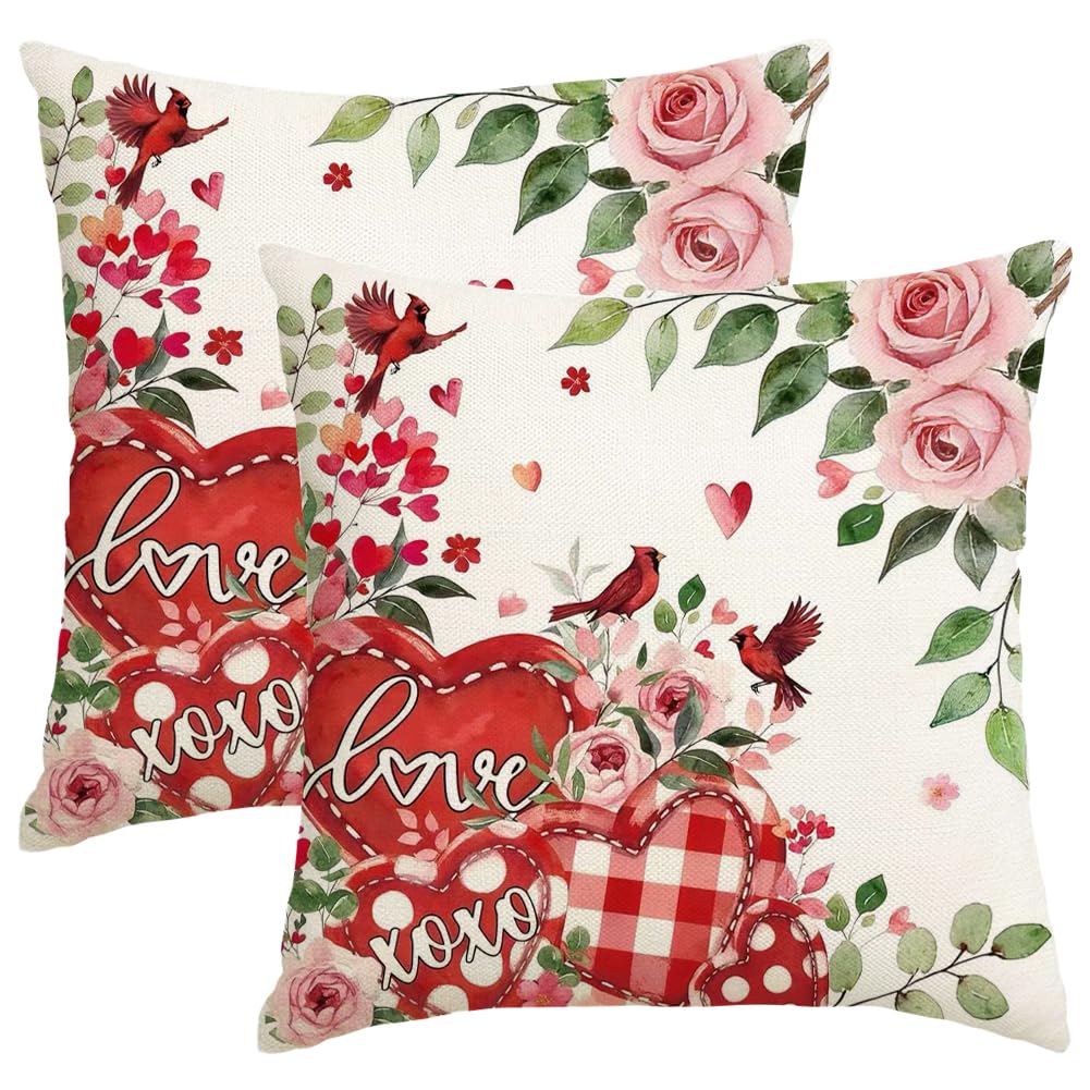 RABUSOFA Valentines Love Heart Pillow Covers 18x18 Inch Set of 2, Pink Rose Red White Outdoor Romantic Holiday Party Cushion Cases Valentine Decoration for The Home Sofa Indoor (Red, 18" x 18")