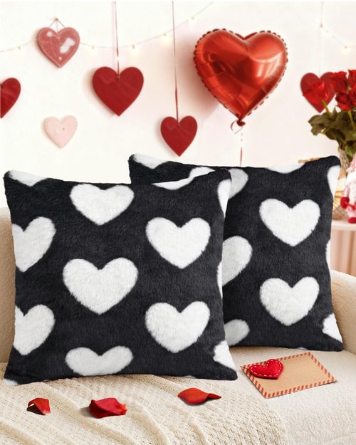 Kokaaee Valentines Pillow Covers 18x18 Inch Set of 2 - Plush Faux Fur Black White Love Hearts Valentines Day Jacquard Throw Pillow Covers Decorations Soft Home Decor for Couch, Sofa, or Bed