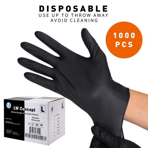 LW Concept Black Medical Nitrile Examination Gloves - Latex & Powder-Free, Disposable, Ultra-Strong, Healthcare, Food Handling Use (Large, Case of 1000)