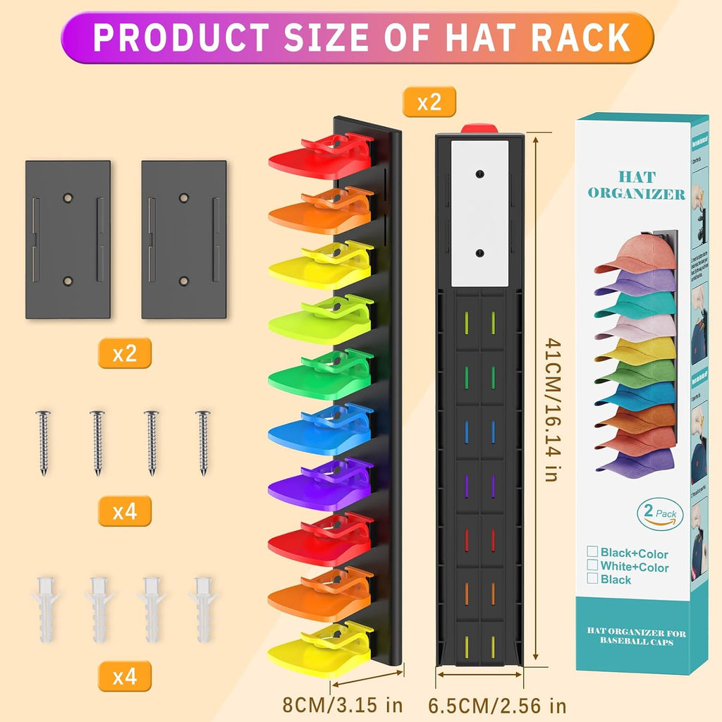 Volnamal Hat Organizer - 2 Pack Baseball Cap Storage Rack | Holds Up to 40 Hats, Wall-Mounted, Black & Color
