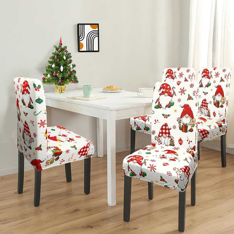 Christmas Gnome Chair Covers Set of 4 - Winter Snowflake Holly Elastic Dining Chair Covers (Variation: Christmas Gnome+4 Pieces)