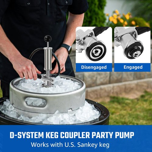 4” Keg Party Pump Keg Tap, D System Beer Keg Pump for US Sankey, Kegerator Tap Stainless Steel Probe Coupler Beer Tap with Beer Line Faucet Hose Clamps for Homebrew Picnic Parties (Silver Clamps)