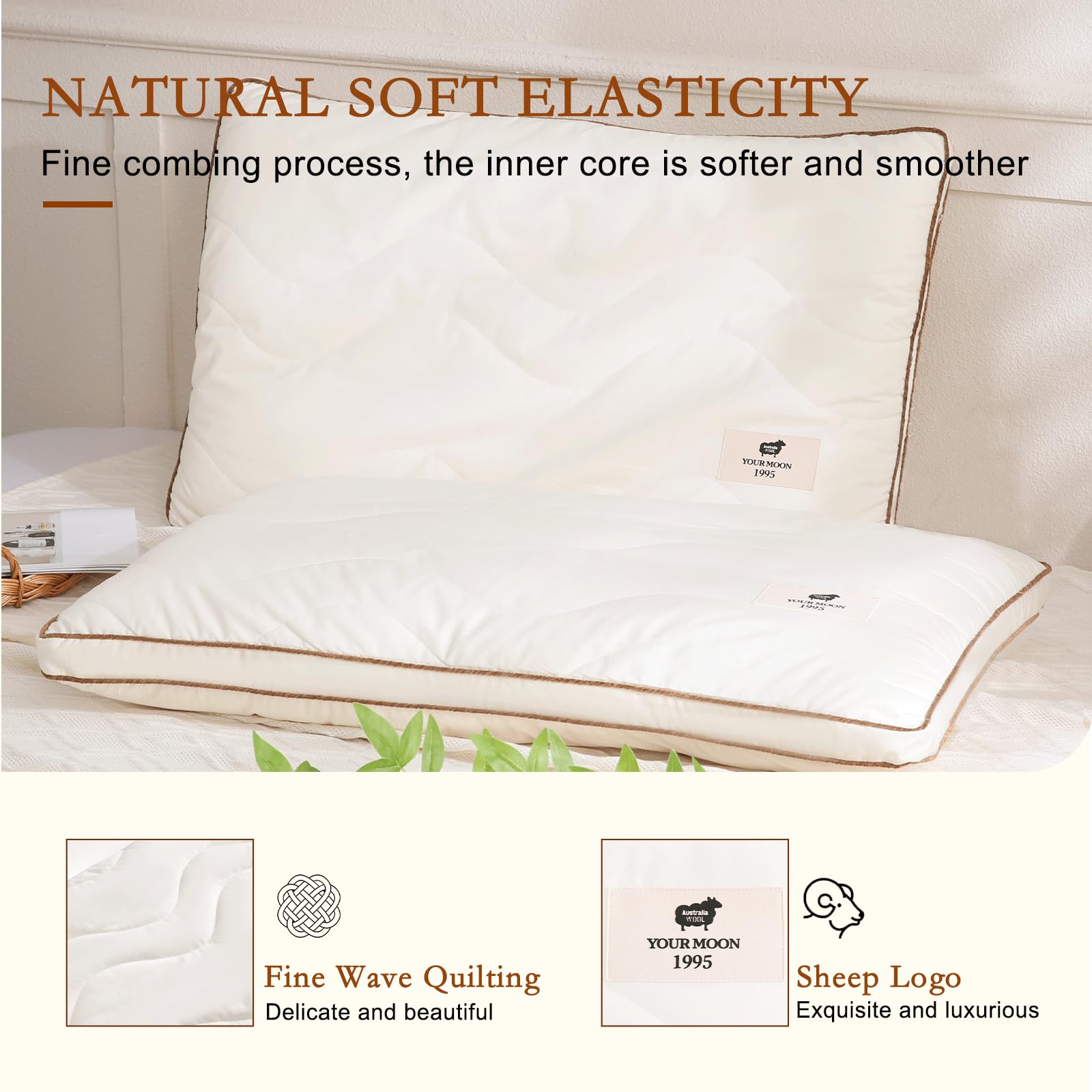 YOUR MOON Soft Natural Wool Pillow Queen, Flat & Thin Wool Pillow for Sleeping, Low-Loft Bed Pillows for Back and Stomach Sleepers, Breathable Soft Cotton Cover(Off White)