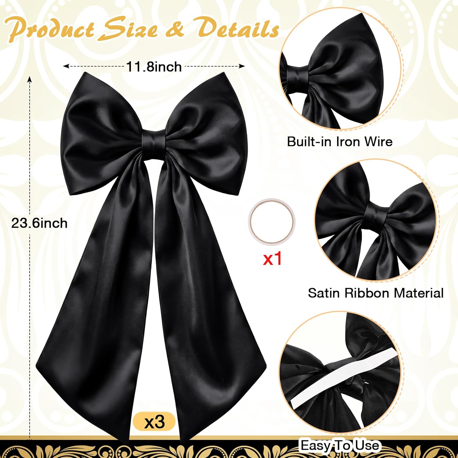Suncalla Large Satin Bow Decorations - 3 Pcs 2 FT Wall Decor for Weddings, Birthdays & Parties | Black