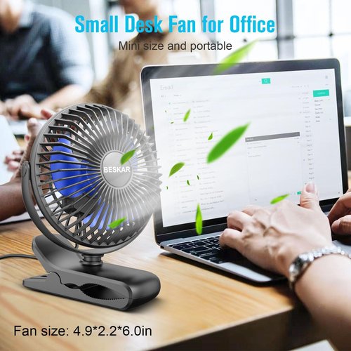 BESKAR Portable USB Clip-On Fan - 3 Speed Strong Airflow | Quiet Personal Desk Fan with Sturdy Clamp