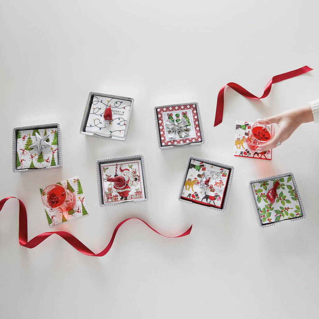 Mariposa RED Santa HAT Beaded Napkin Box Set | RED | Brillante | Gifts | Napkin Box & Weight Set | Recycled SANDCAST Aluminum | Handmade in Mexico