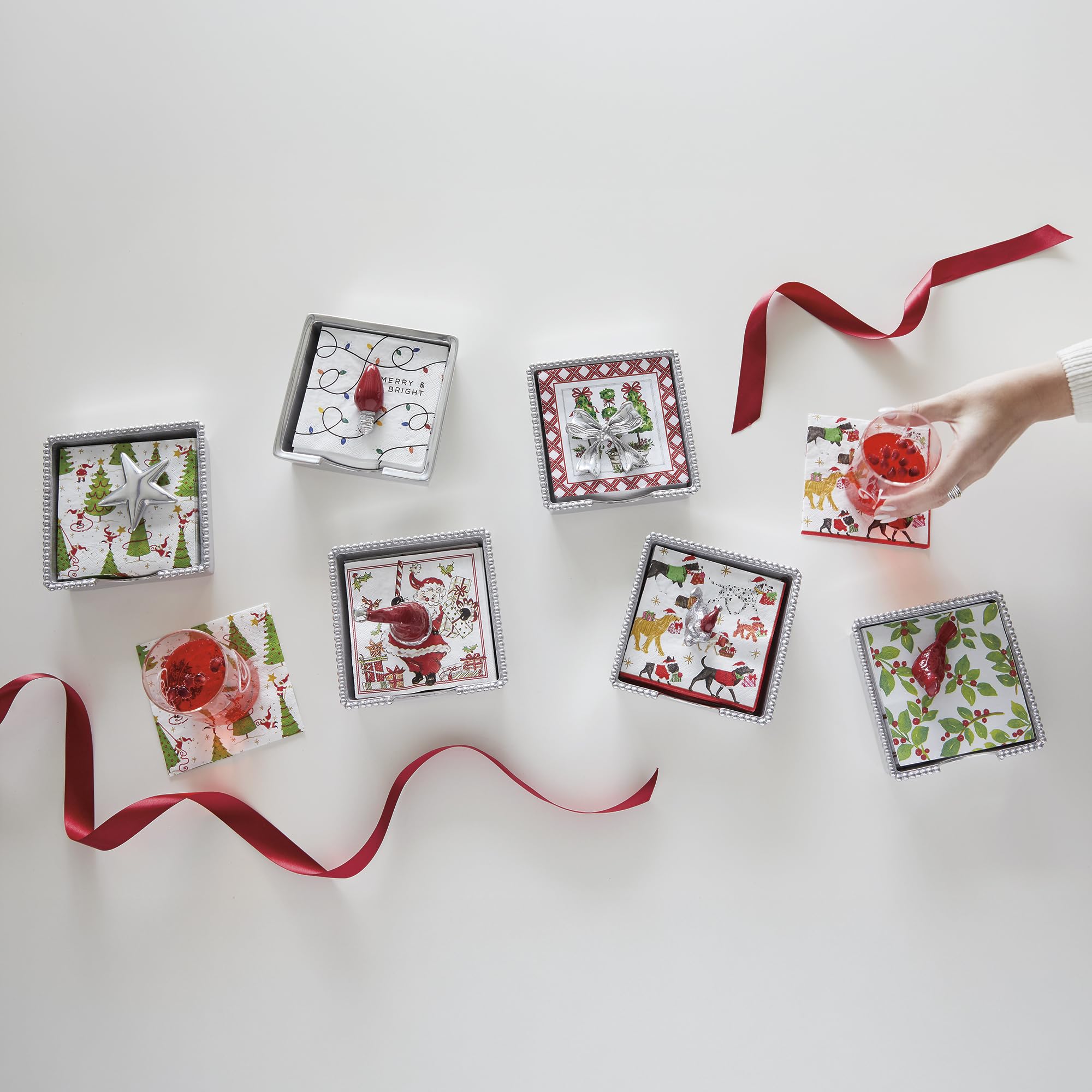 Mariposa RED Santa HAT Beaded Napkin Box Set | RED | Brillante | Gifts | Napkin Box & Weight Set | Recycled SANDCAST Aluminum | Handmade in Mexico