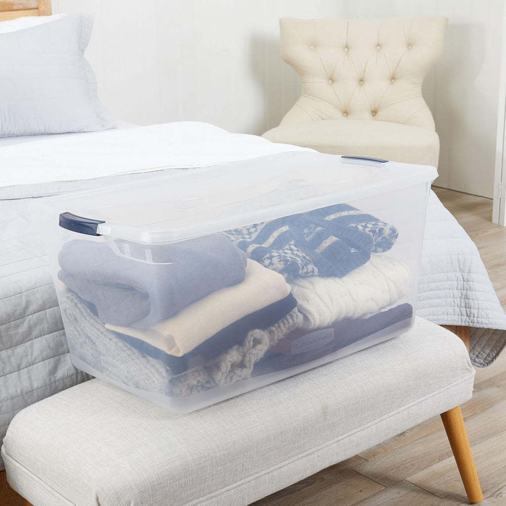 Rubbermaid Cleverstore 95 Qt Clear Storage Bins - Stackable, BPA-Free, 4-Pack, Made in USA