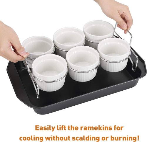 Creme Brulee Making Set - 6 Oz Porcelain Ramekins with Stainless Steel Lifting Rack & 9" X 13" Pan