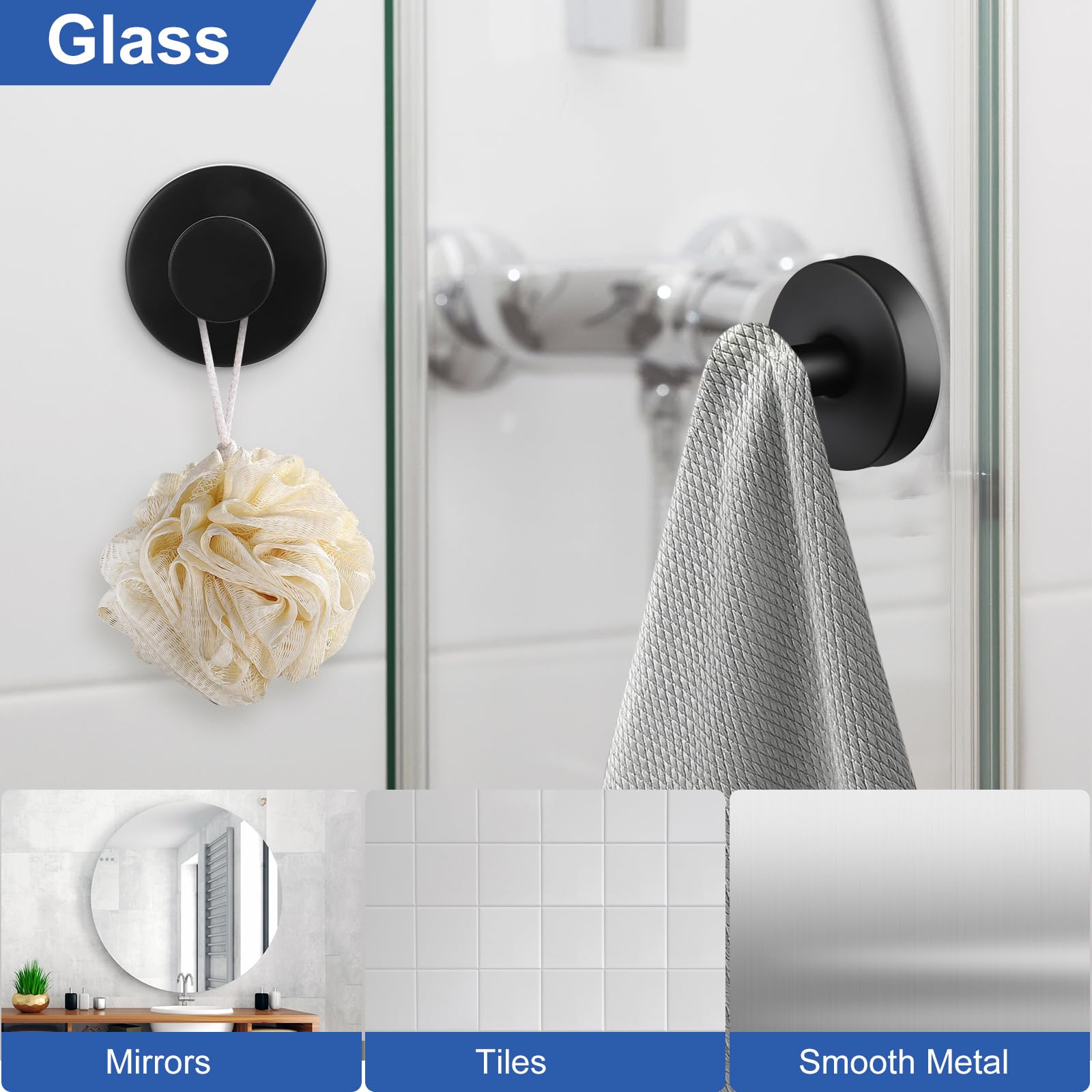 Suction Cup Hooks for Bathroom Kitchen, 2 Pack Stainless Steel Suction Hooks for Shower No Drilling Damage Free Towel Hook Holders Reusable Removable for Hanging Towels, Loofah, Robe, Coat(Black)