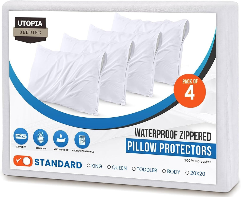 Utopia Bedding Pillow Protectors - Ultra Soft, Waterproof & Bed Bug Proof Encasements | Set of 4 Standard Size (White)