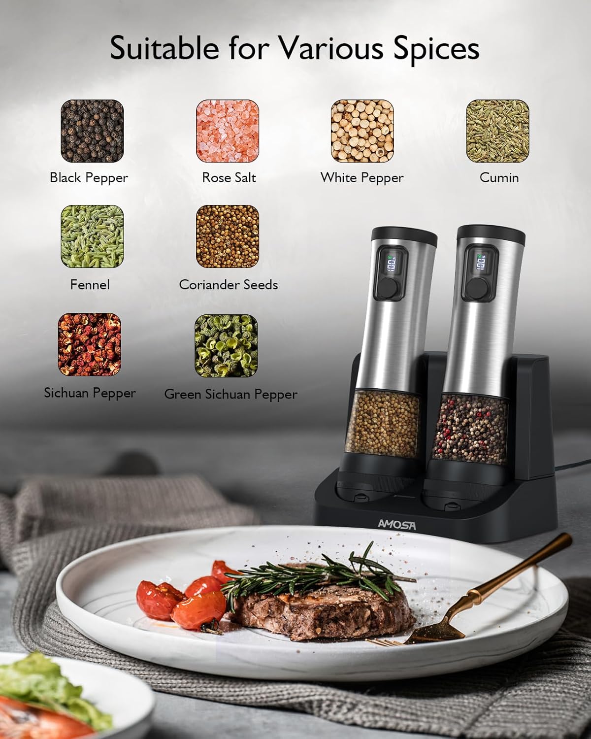 Skiennix Electric Salt and Pepper Grinder Set - Rechargeable, 2-Speed, Adjustable Coarseness, Stainless Steel