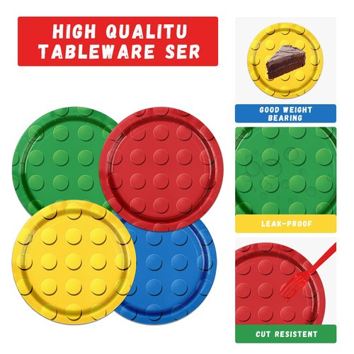 Building Block Party Supplies,61pcs Block Party Decorations Tableware Include Building Block Plates and Napkins,Tablecloth,Forks for Building Block Birthday Party Supplies,Serve 20