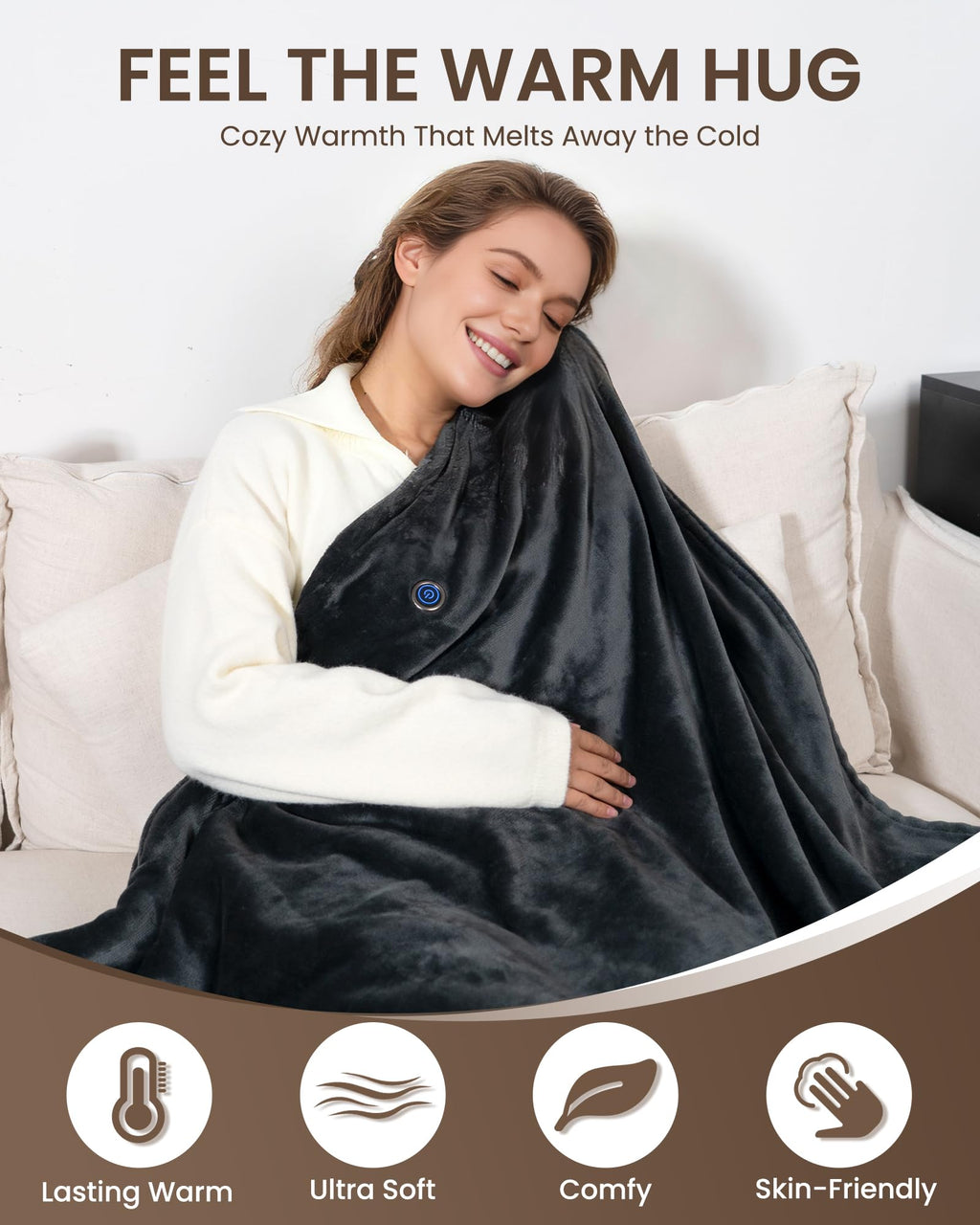 Cordless Heated Blanket with Hood, USB Battery Powered Heated Wearable Blanket with 9 Heating Zones, 20000 mAh Power Bank, 3 Levels, Portable Heated Throw Blanket, Heated Shawl (Warm Comfort Gray)