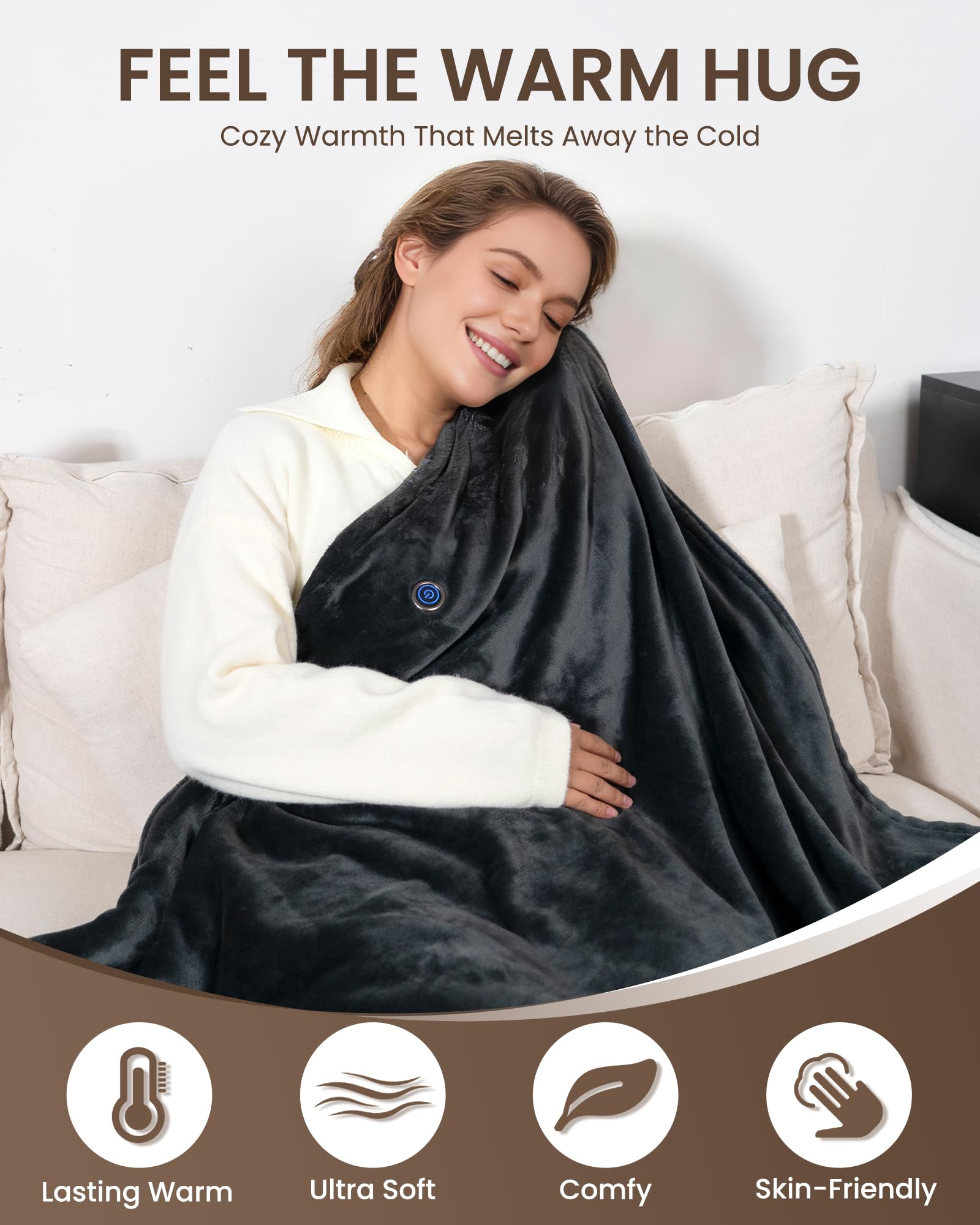Cordless Heated Blanket with Hood, USB Battery Powered Heated Wearable Blanket with 9 Heating Zones, 20000 mAh Power Bank, 3 Levels, Portable Heated Throw Blanket, Heated Shawl (Warm Comfort Gray)