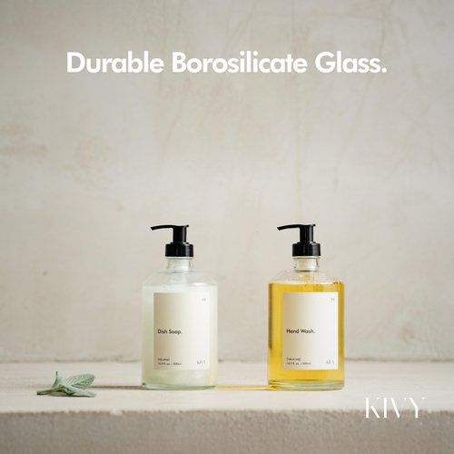 KIVY Glass Soap Dispenser Set [INCL. Waterproof Labels] - Glass Soap Dispenser with Pump - Hand Soap and Dish Soap Set - for Kitchen, Shower & Bathroom - Refillable (2X 16oz)