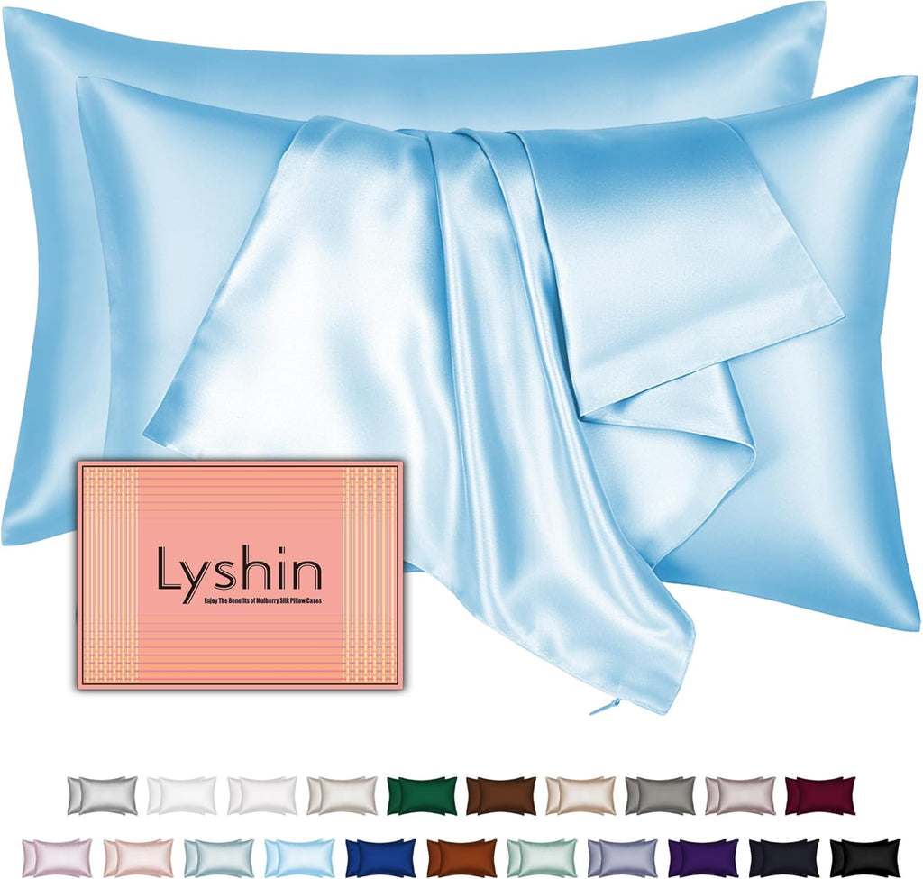 Skiennix Mulberry Silk Pillowcases - 2 Pack Queen Size, Hidden Zipper, Soft & Breathable Sky Blue